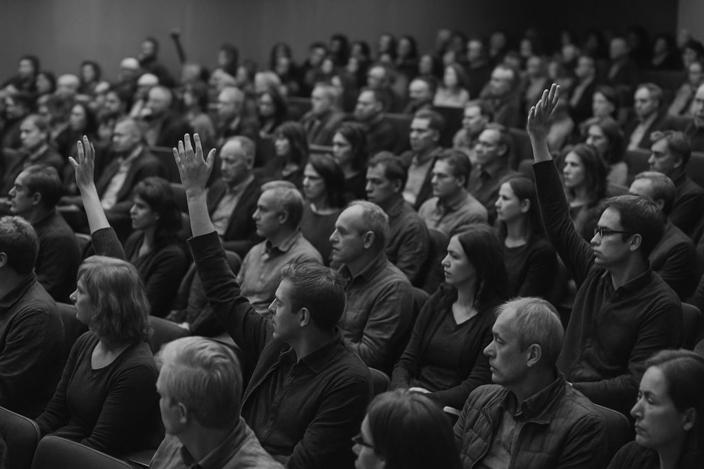 Inimesed istuvad saalis